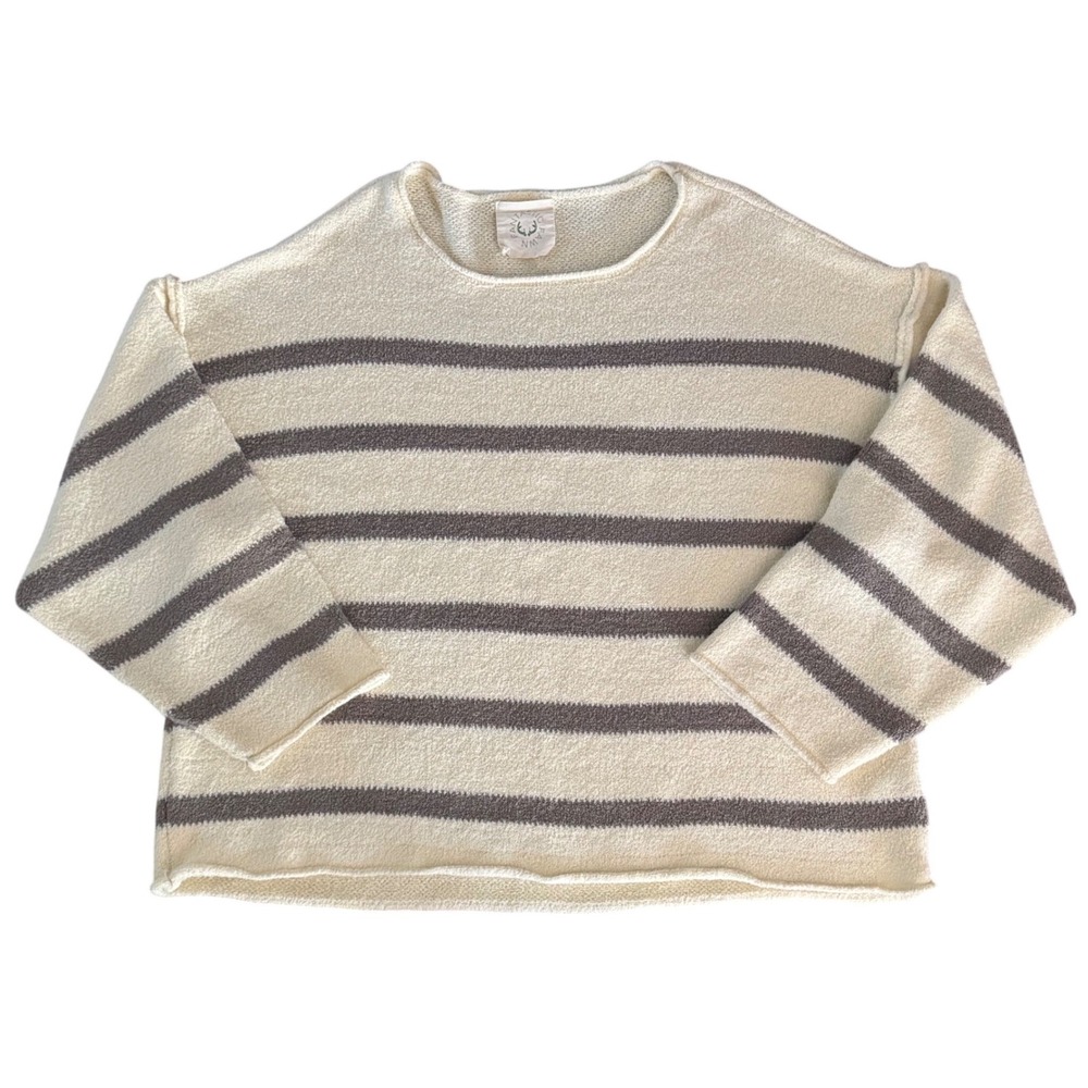 Fantastic Fawn Striped Knit Sweater Cream Gray Cozy Size‎ Large